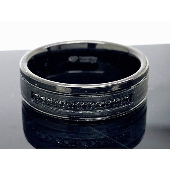 Men's Wedding Band Tungsten Carbide Black Gemstone 8mm Wide Ring Size 9
